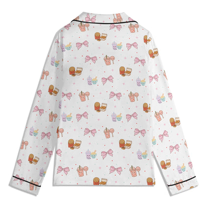 Kawaii Snack & Bows Childrens Pajama Set with Pockets Childrens Long Sleeve Nightwear Pajama Set with Pockets