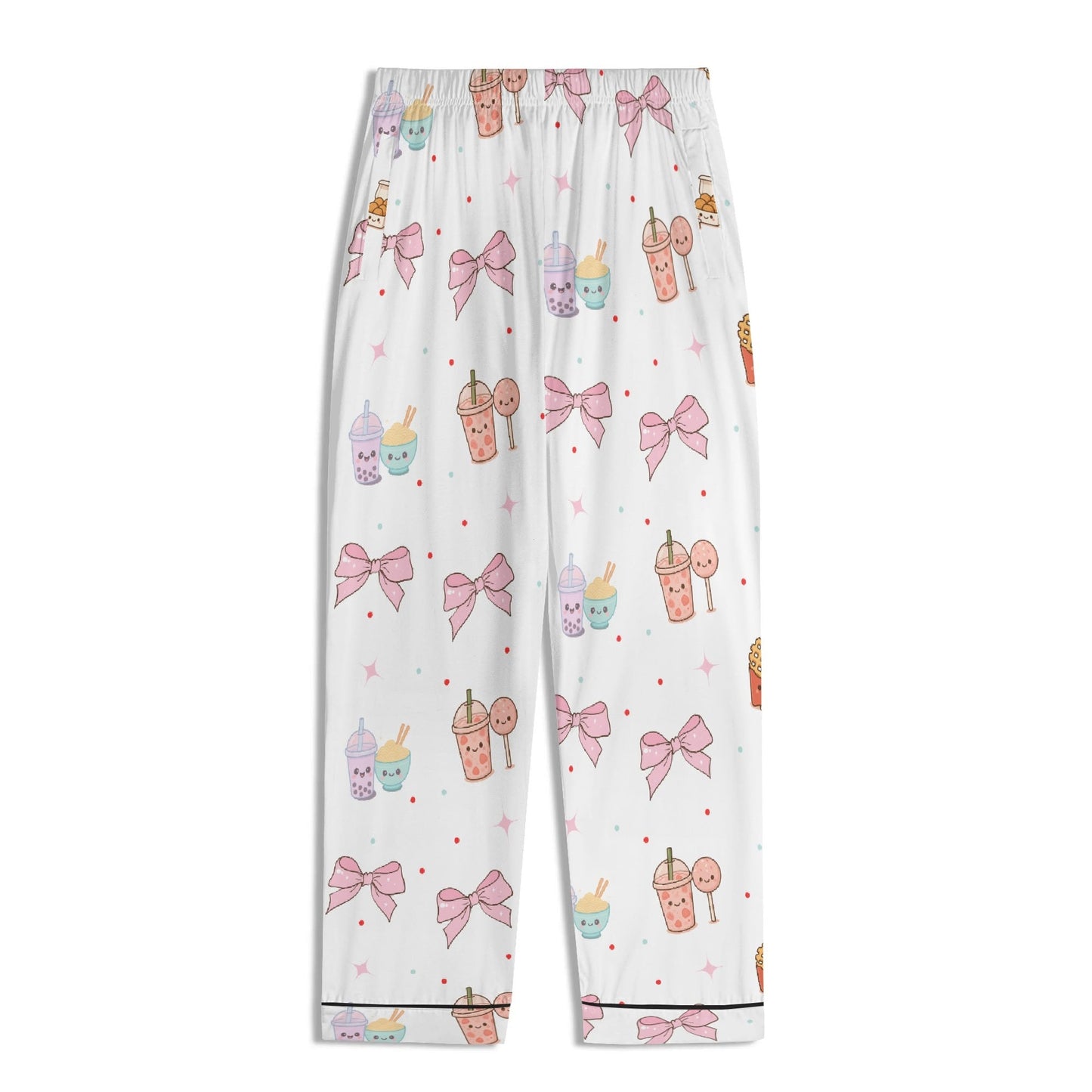 Kawaii Snack & Bows Childrens Pajama Set with Pockets Childrens Long Sleeve Nightwear Pajama Set with Pockets