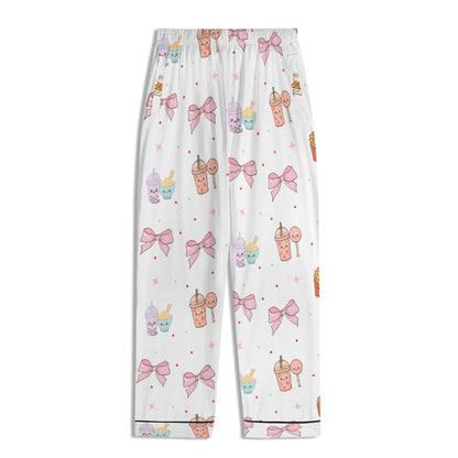 Kawaii Snack & Bows Childrens Pajama Set with Pockets Childrens Long Sleeve Nightwear Pajama Set with Pockets