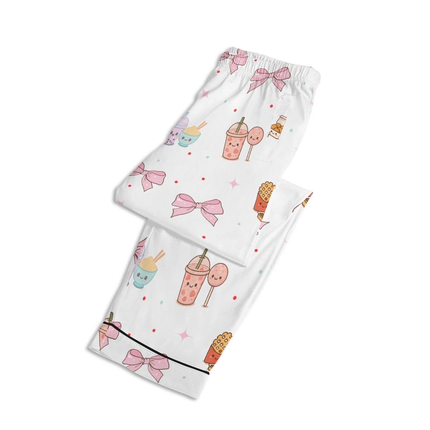 Kawaii Snack & Bows Childrens Pajama Set with Pockets Childrens Long Sleeve Nightwear Pajama Set with Pockets