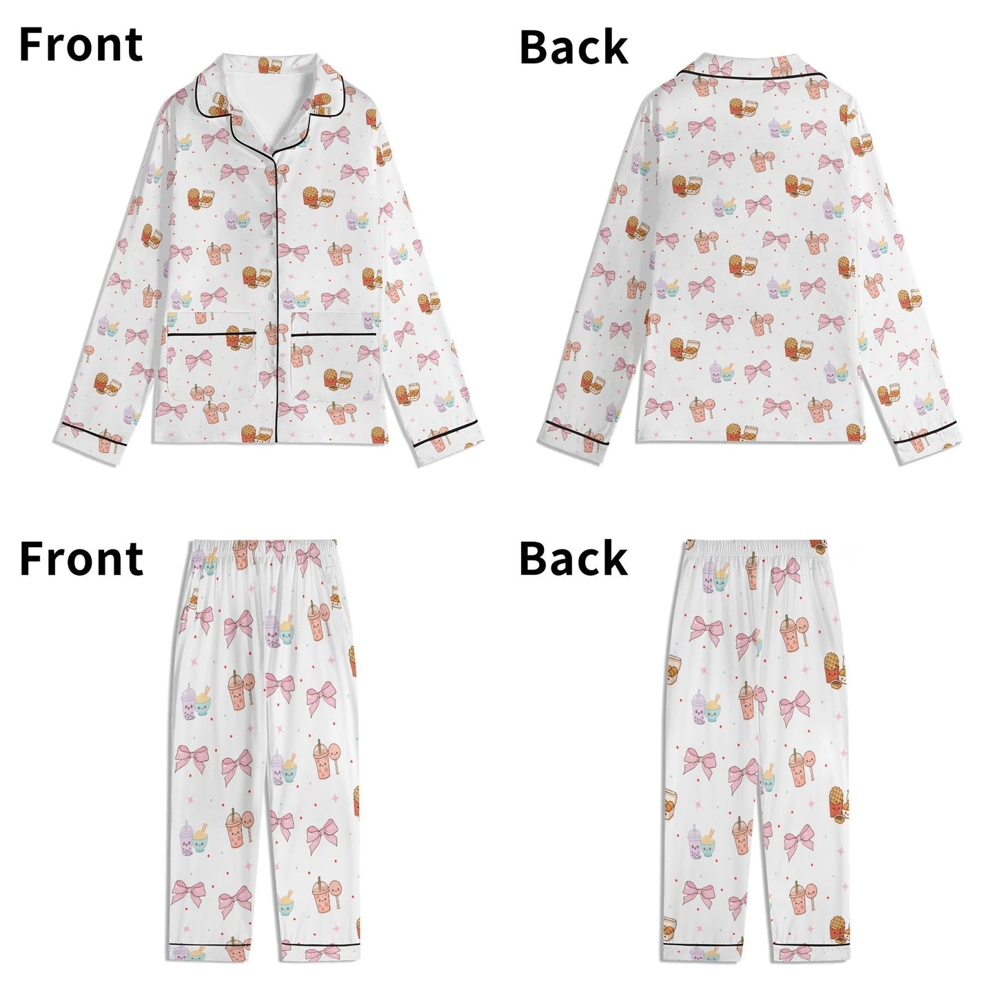 Kawaii Snack & Bows Childrens Pajama Set with Pockets Childrens Long Sleeve Nightwear Pajama Set with Pockets