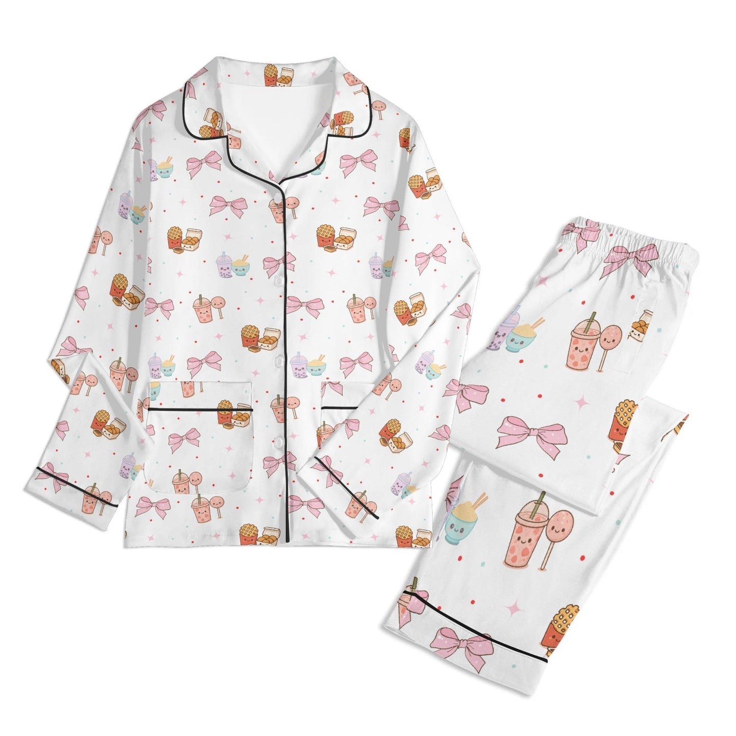 Kawaii Snack & Bows Childrens Pajama Set with Pockets Childrens Long Sleeve Nightwear Pajama Set with Pockets