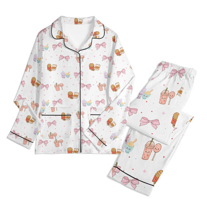 Kawaii Snack & Bows Childrens Pajama Set with Pockets Childrens Long Sleeve Nightwear Pajama Set with Pockets