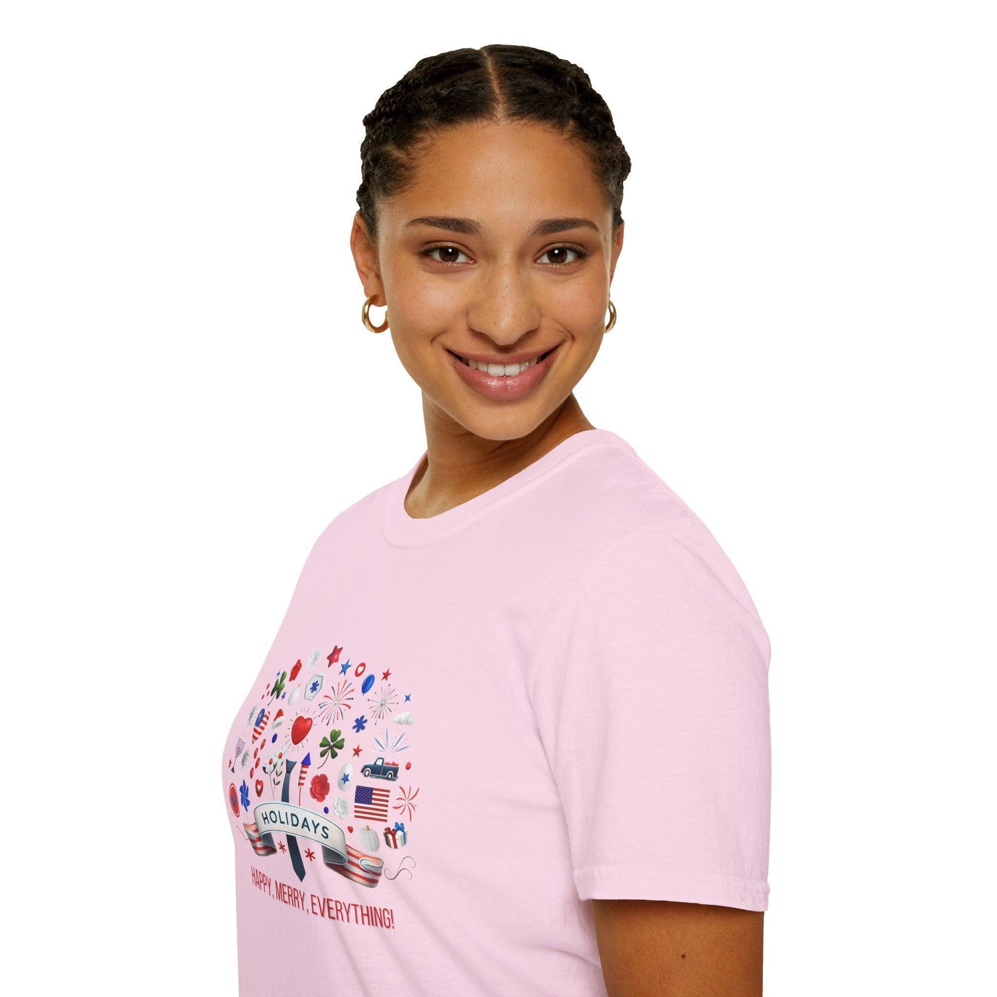 Merry Happy Everything 🎉 Unisex T-Shirt - Red, White & Blue Holiday Cheer! - Whippie's