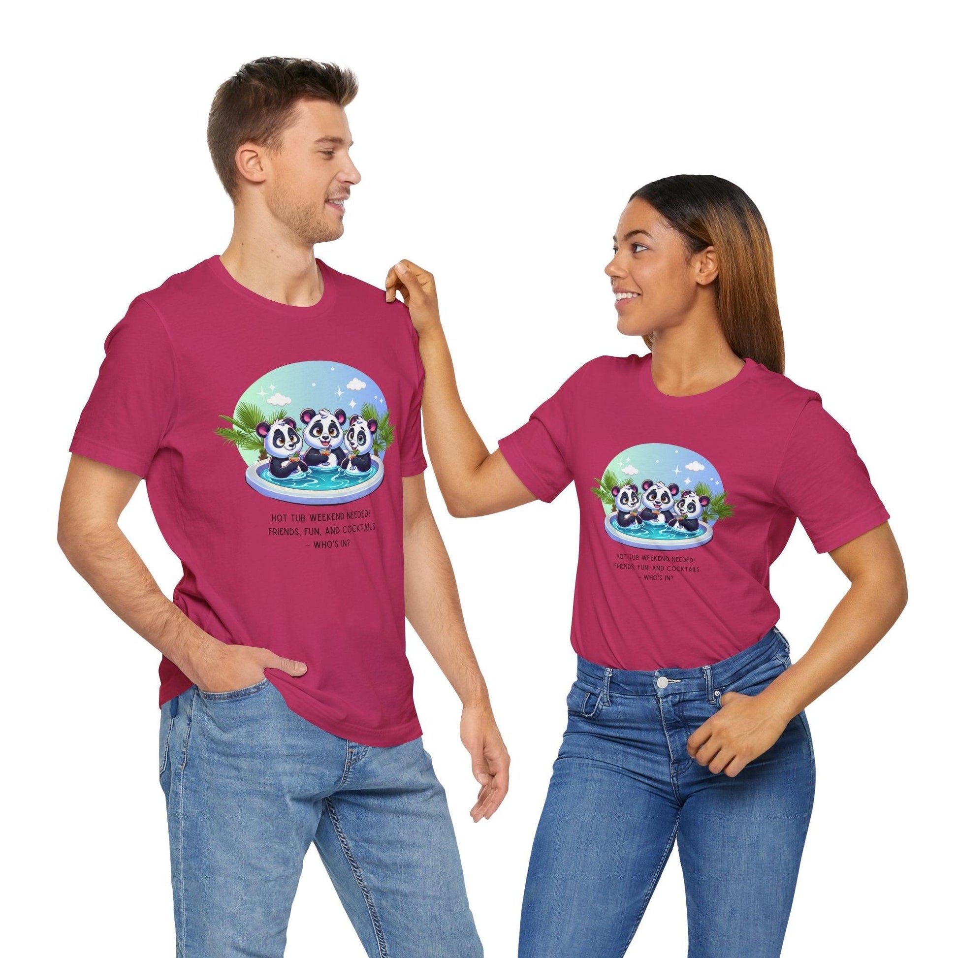 Hot Tub Weekend - Unisex Jersey Tee - 🐼🥂 Who's In For a Relaxing Getaway? 🥂🐼 - Whippie's