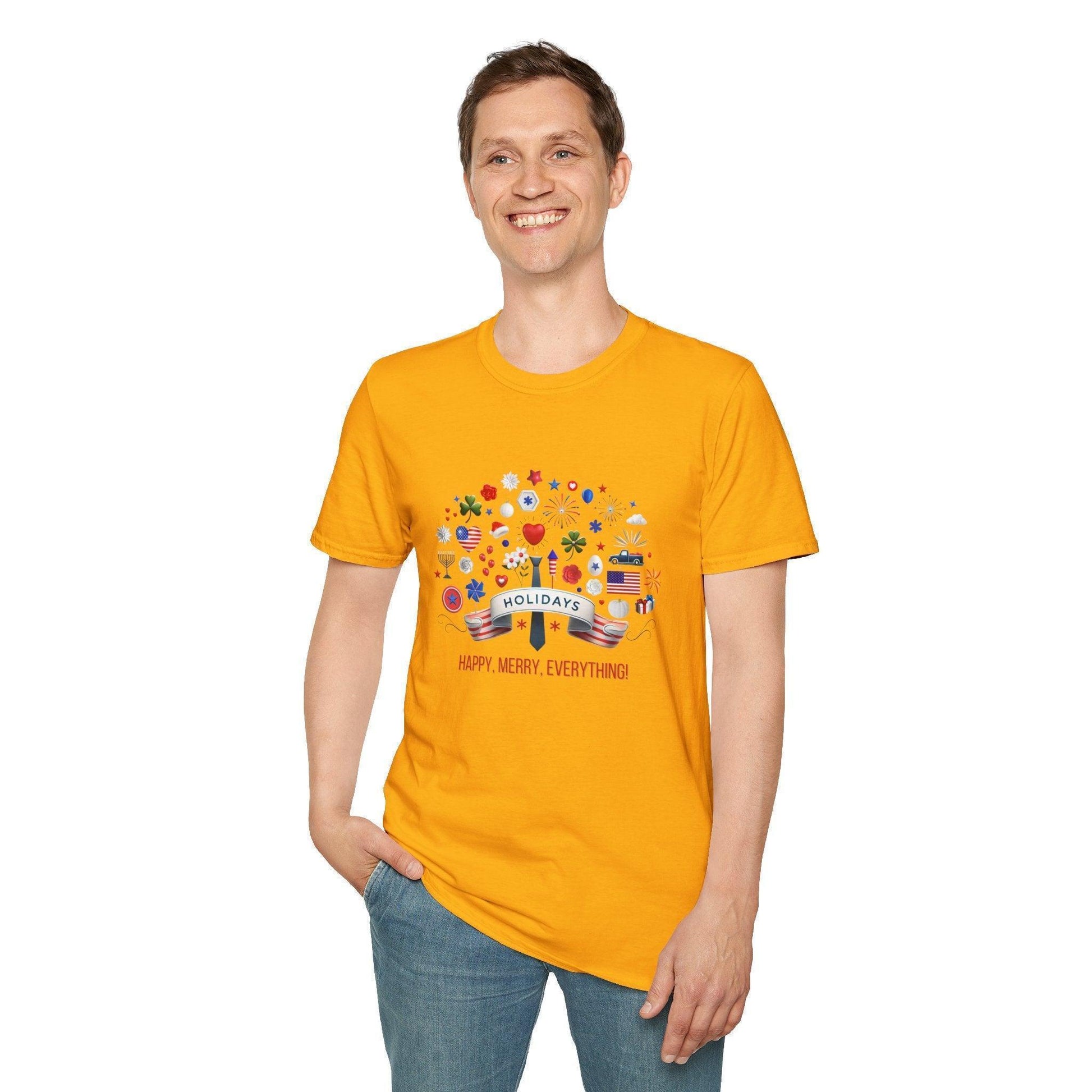 Merry Happy Everything 🎉 Unisex T-Shirt - Red, White & Blue Holiday Cheer! - Whippie's