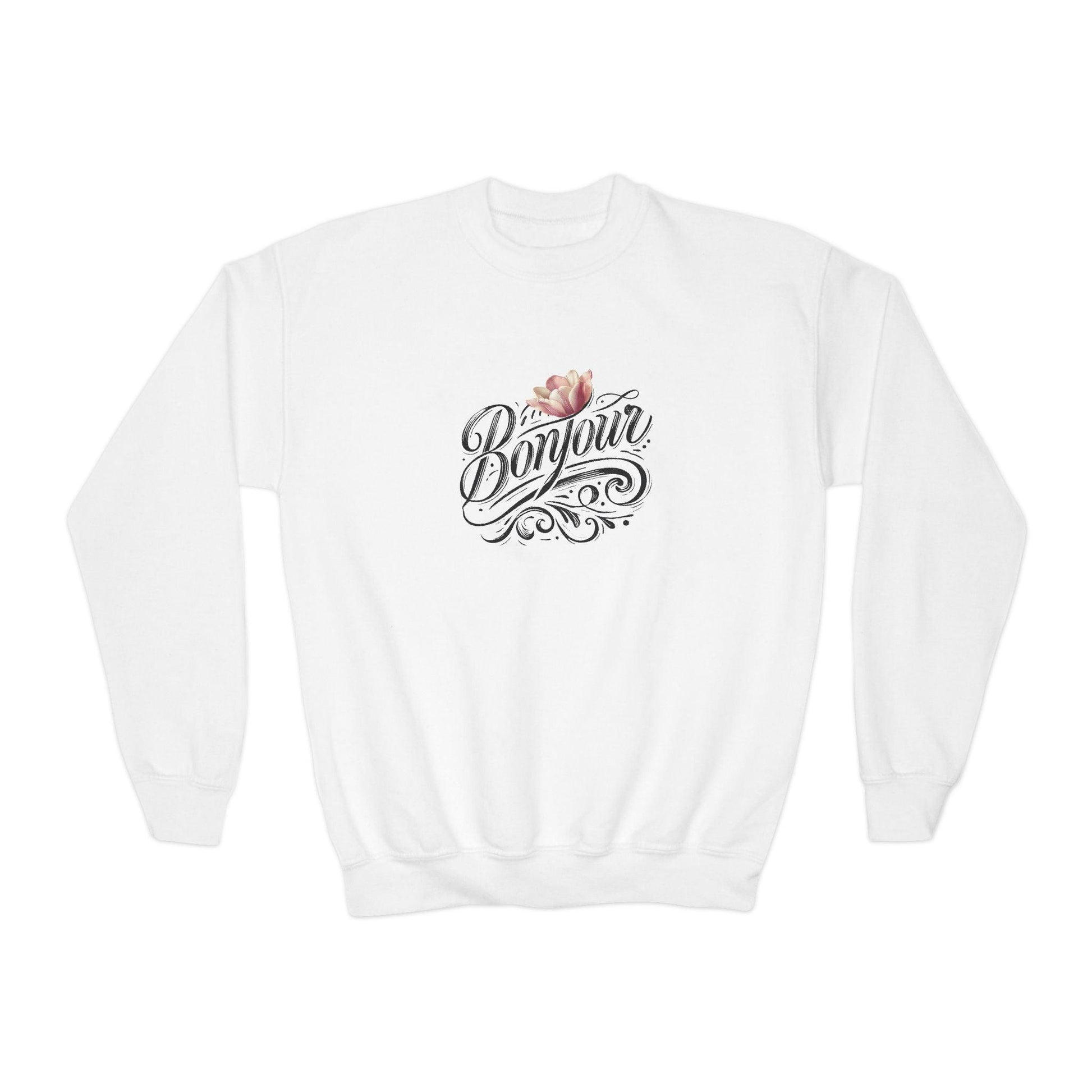 Bonjour! Youth Crewneck Sweatshirt 🌸✨ Kids Cozy Sweater 💖 - Whippie's