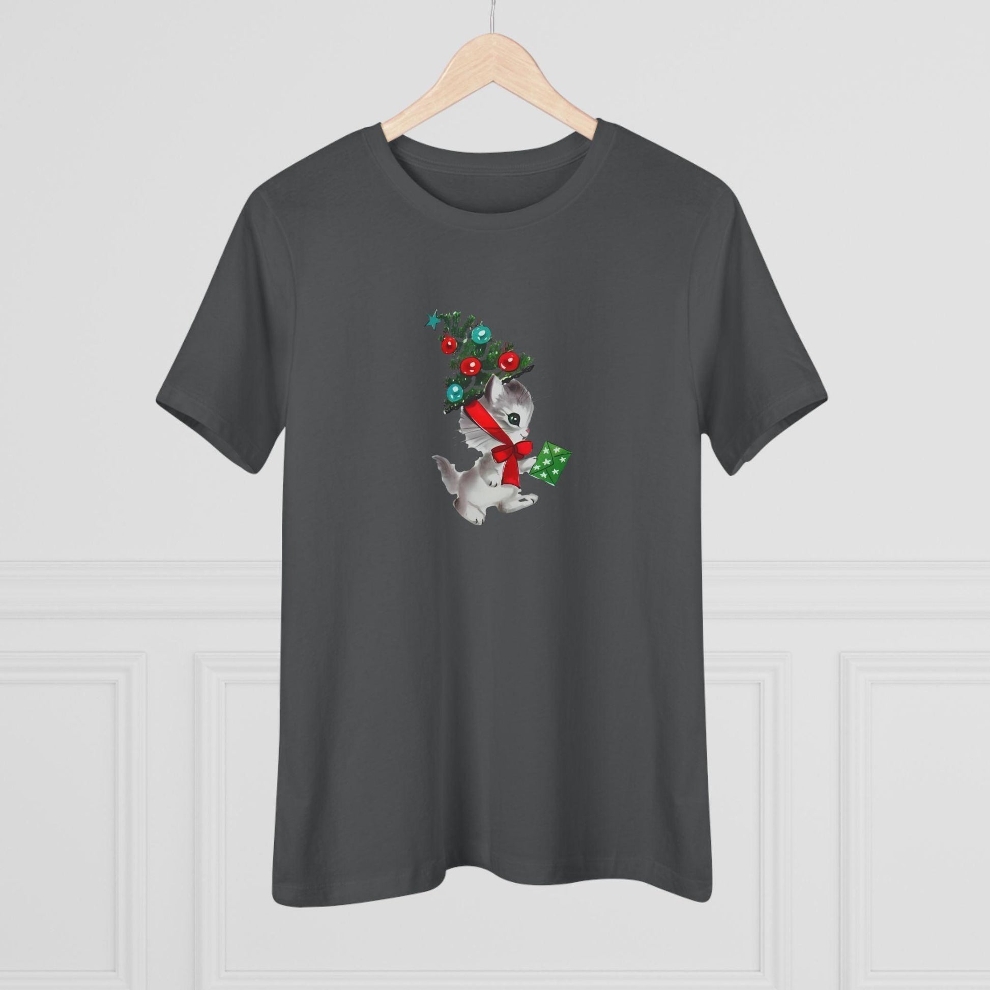 Kittie with Christmas Tree Hat and Card - Women's Softstyle Tee - Whippie's