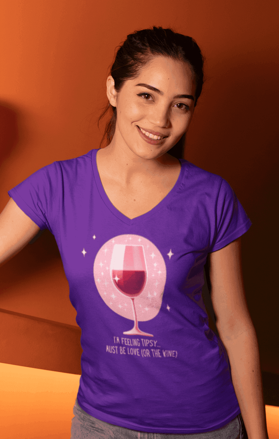 💖 I'm Feeling Tipsy... Must Be Love (or the Wine) 🍷 Ladies' V-Neck Tee ✨ Celebrate love and wine! - Whippie's