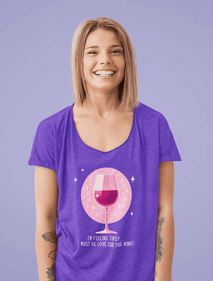 💖 I'm Feeling Tipsy... Must Be Love (or the Wine) 🍷 Ladies' V-Neck Tee ✨ Celebrate love and wine! - Whippie's