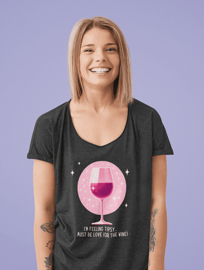 💖 I'm Feeling Tipsy... Must Be Love (or the Wine) 🍷 Ladies' V-Neck Tee ✨ Celebrate love and wine! - Whippie's