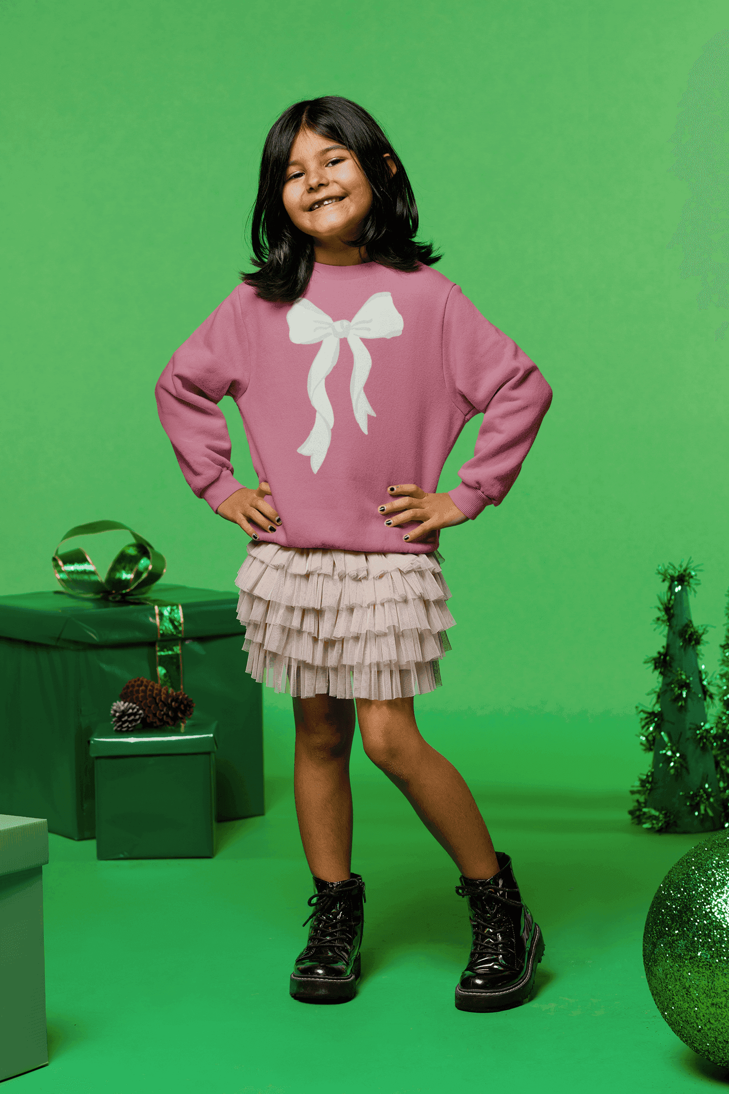 Pink & White Bow Youth Crewneck Sweatshirt - Sweet Style for Every Girl 💖 - Whippie's