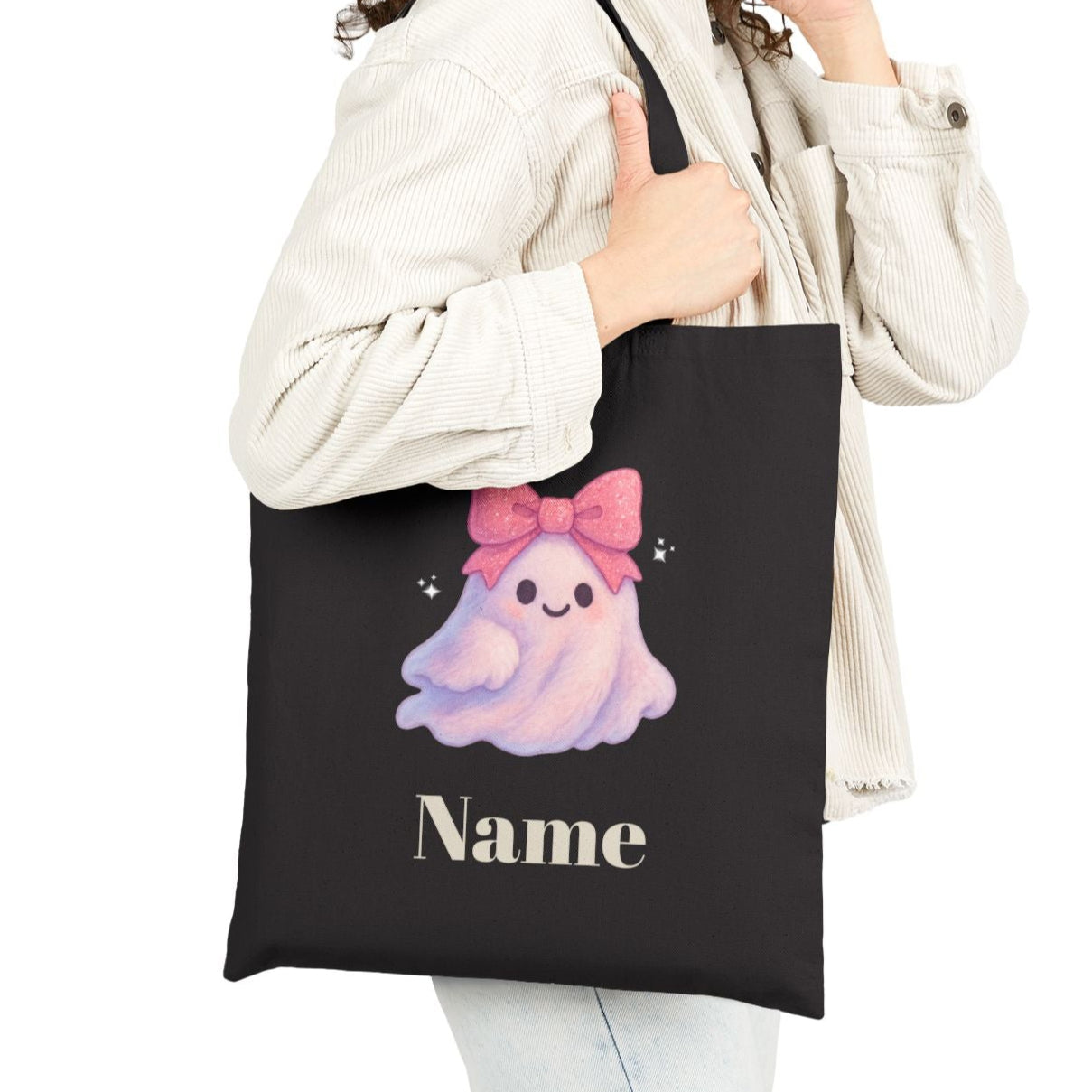 Pink Bow Halloween Friends Cotton Canvas Tote Bag - Personalizable