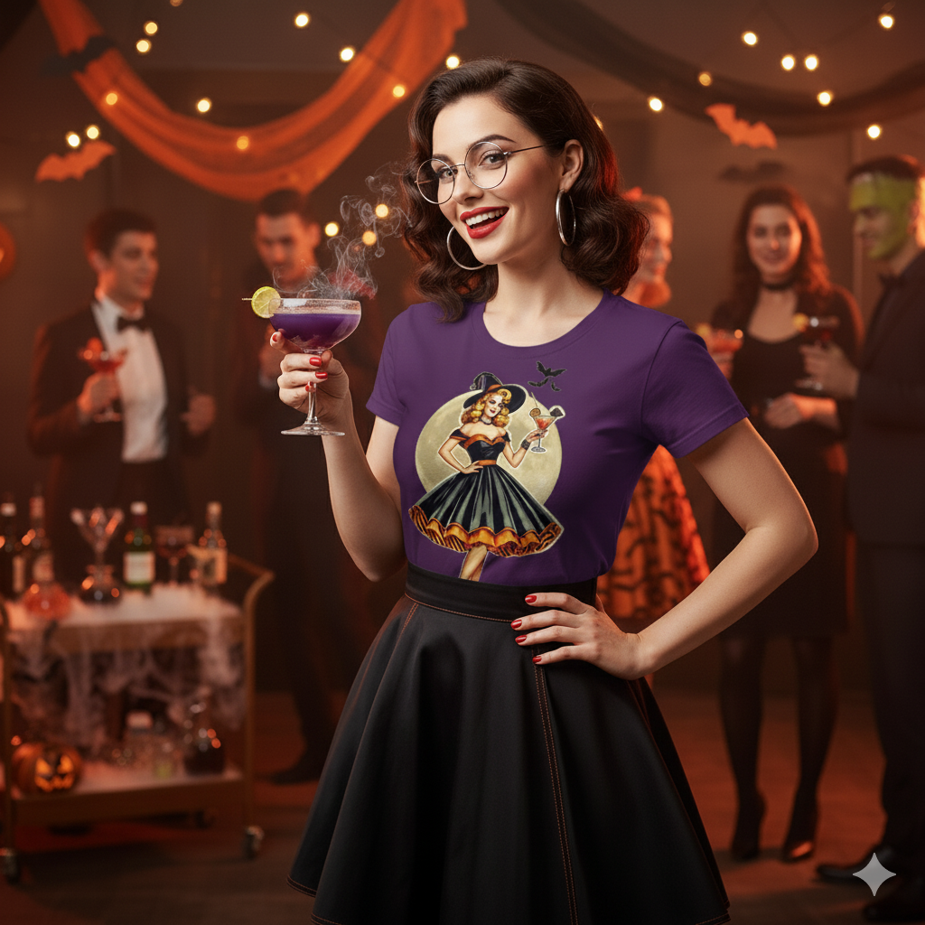 Vintage Pinup Witch Cocktail T-Shirt - Bewitching Retro Style
