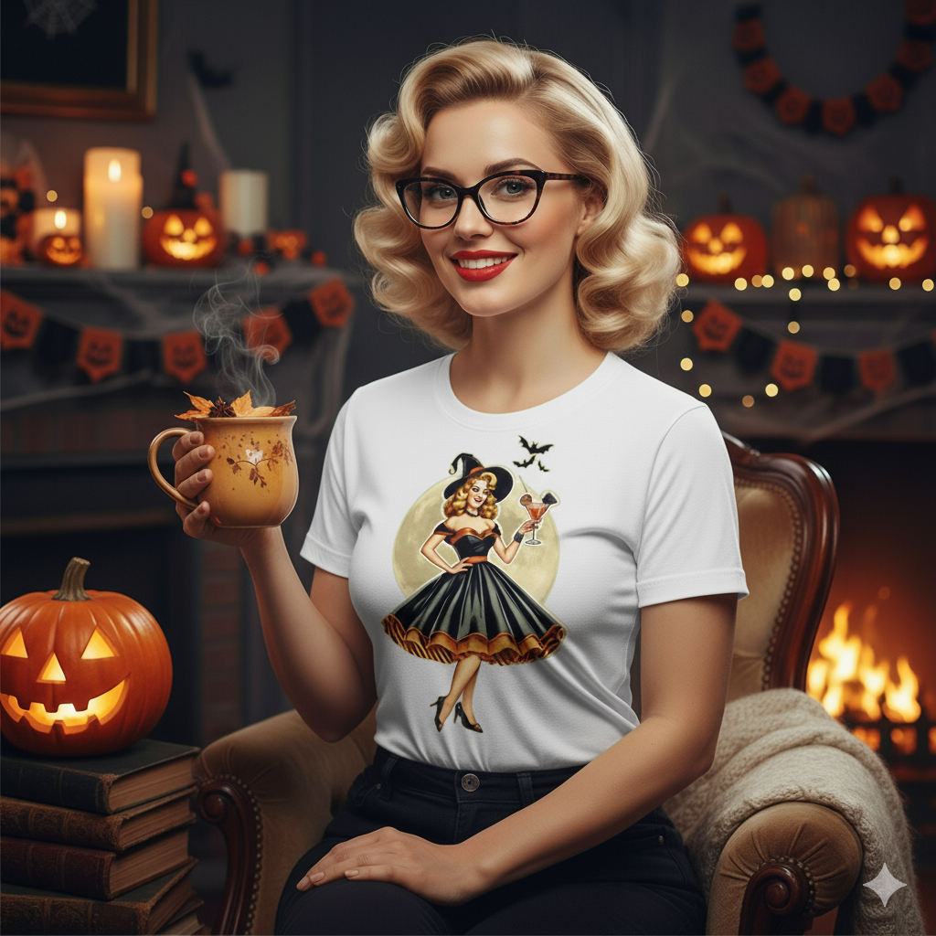 Vintage Pinup Witch Cocktail T-Shirt - Bewitching Retro Style