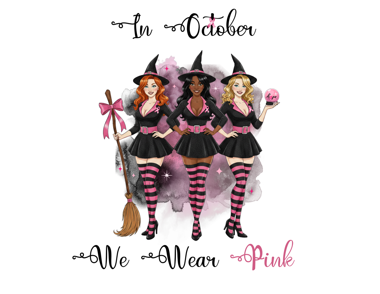 In October We Wear Pink Witches - Breast Cancer Awareness - Deep V-Neck Tee