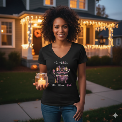 In October We Wear Pink Witches - Breast Cancer Awareness - Deep V-Neck Tee