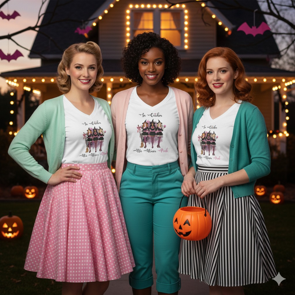 In October We Wear Pink Witches - Breast Cancer Awareness - Deep V-Neck Tee