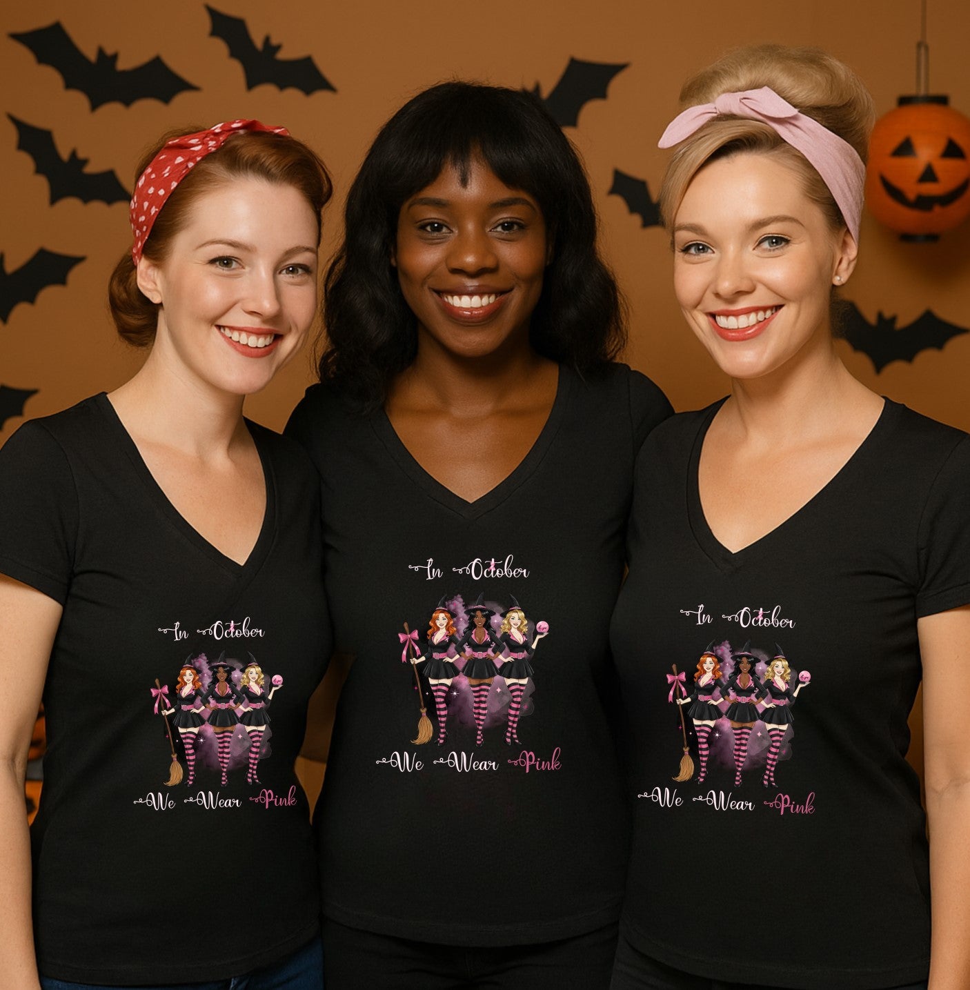 In October We Wear Pink Witches - Breast Cancer Awareness - Deep V-Neck Tee