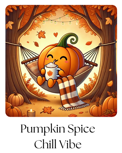 Cartoon pumpkin in a hammock with a cup of coffee, surrounded by autumn leaves and pumpkins, with text 'Pumpkin Spice Chill Vibe'.