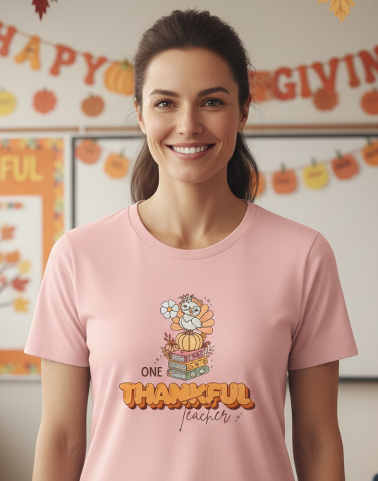 Woman wearing a pink t-shirt with a 'Thankful' design in a classroom decorated for Thanksgiving.