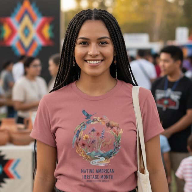 Woman wearing a pink t-shirt with a Native American heritage design at an outdoor event.