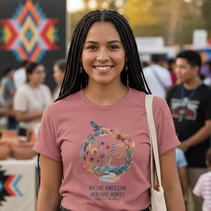 Woman wearing a pink t-shirt with a Native American heritage design at an outdoor event.