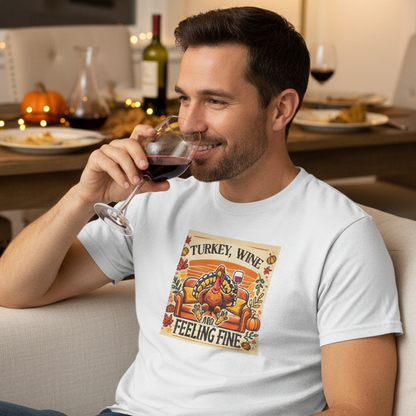 Man sitting on a couch in a living room, drinking wine and wearing a t-shirt with a graphic design.