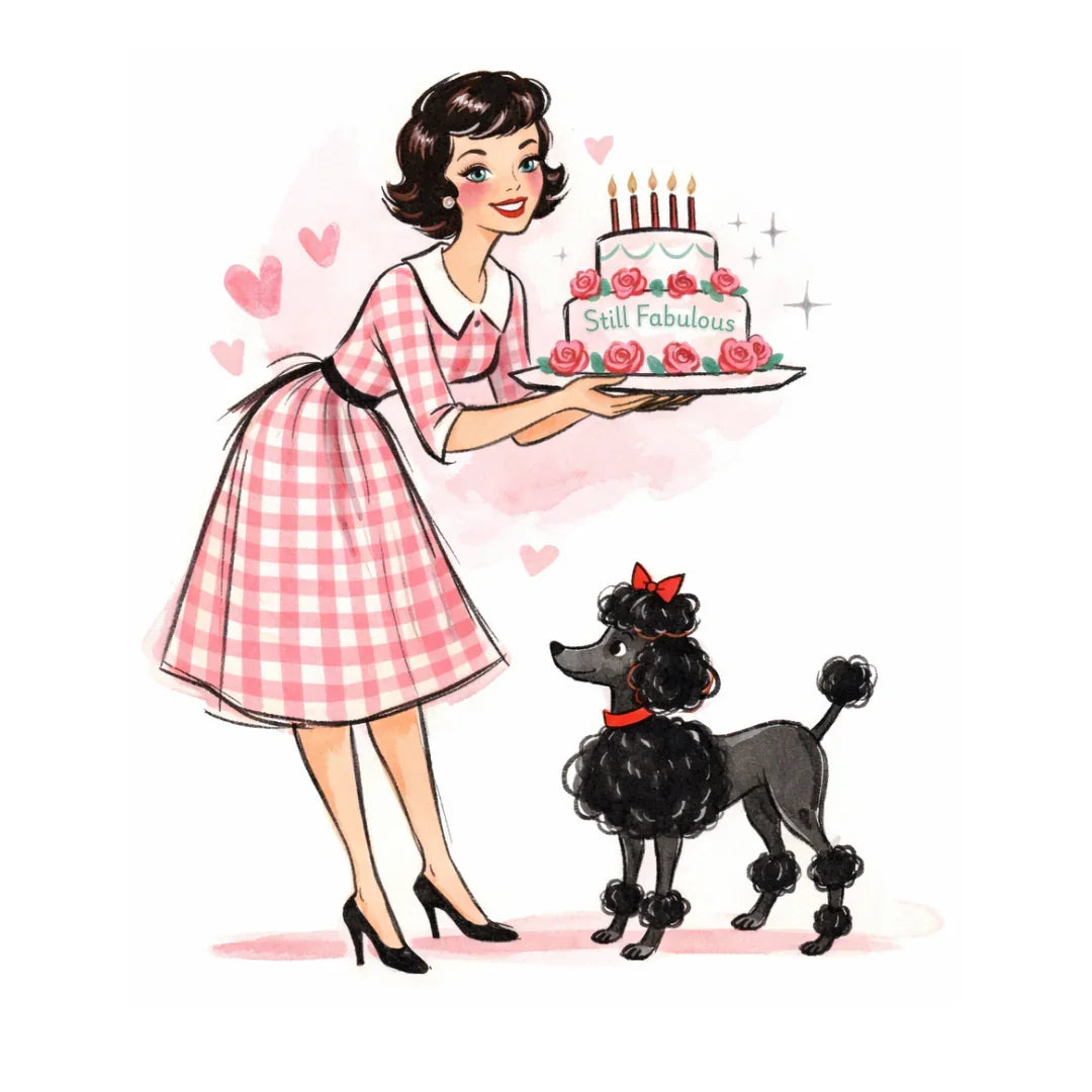 Illustration of a woman in a pink checkered dress holding a birthday cake with a black poodle standing next to her.