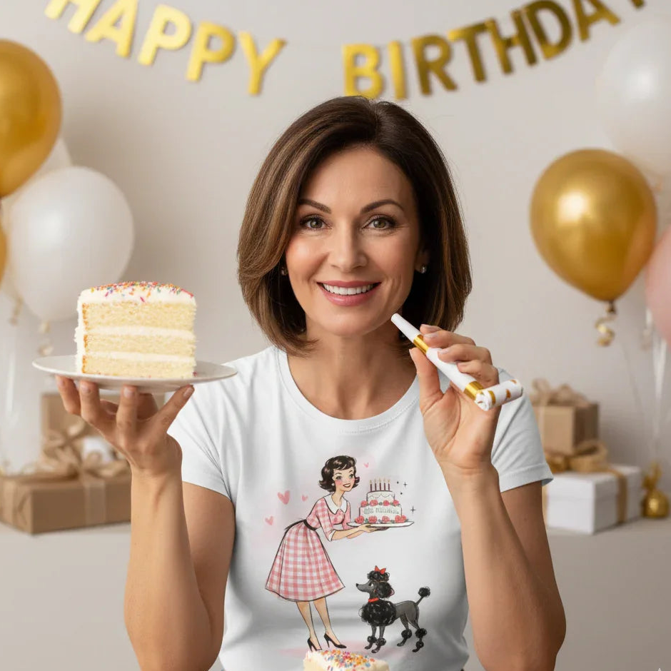 Woman holding a birthday cake with 'Happy Birthday' decorations in the background