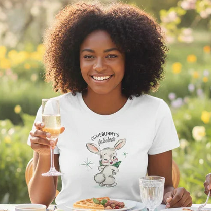 Group of people enjoying a meal outdoors with Easter decorations
