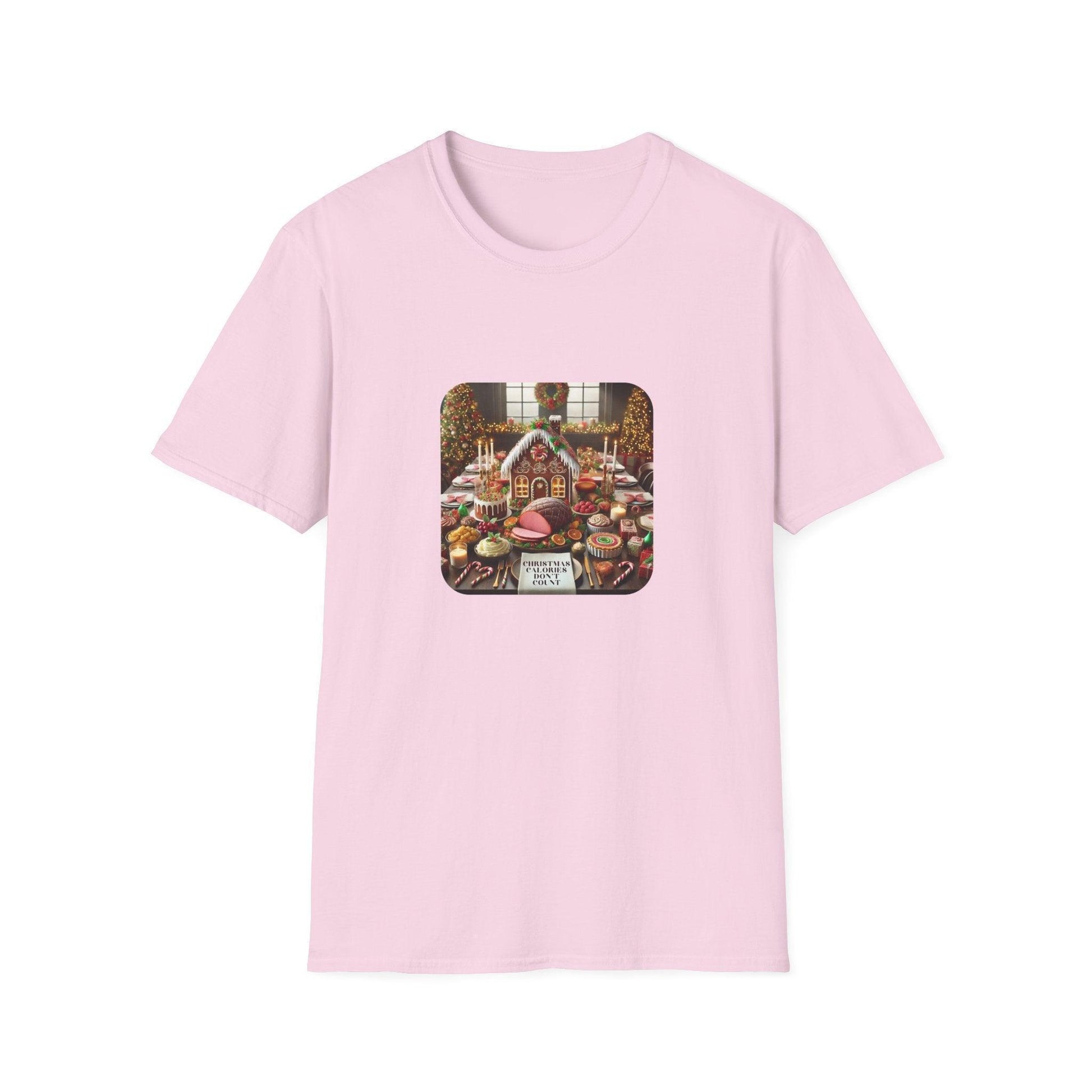 Christmas Calories Don’t Count 🎄 – Fun Festive Design with Gingerbread House & Holiday Feast - Unisex Softstyle Tee - Whippie's