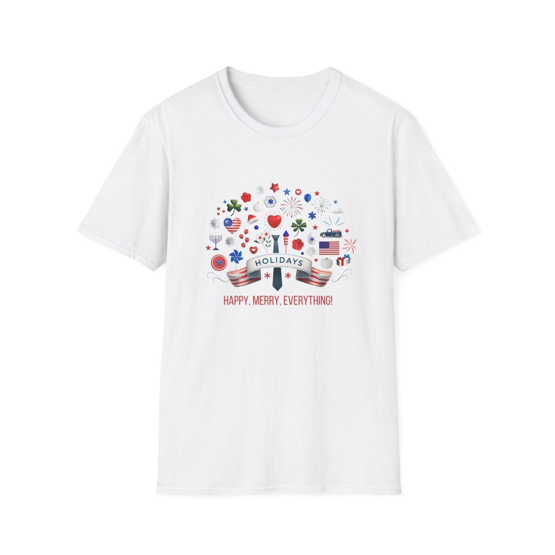 Merry Happy Everything 🎉 Unisex T-Shirt - Red, White & Blue Holiday Cheer! - Whippie's