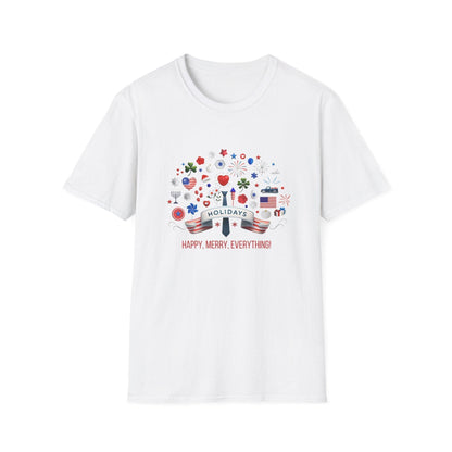 Merry Happy Everything 🎉 Unisex T-Shirt - Red, White & Blue Holiday Cheer! - Whippie's