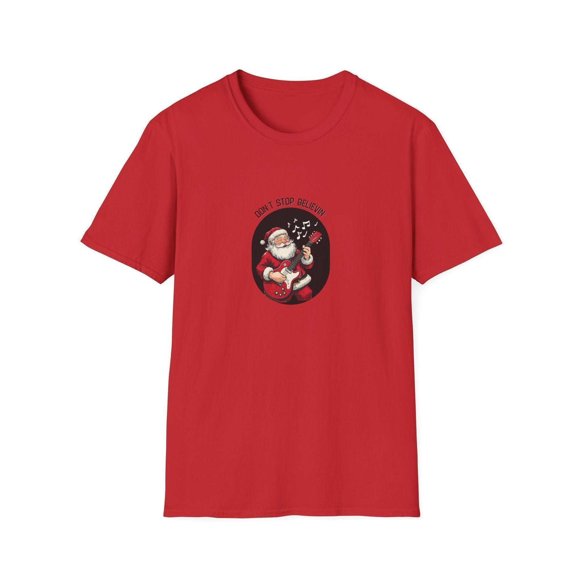 Don't Stop Believin': Santa's Rockin' Christmas Cheer! 🎅🎸🎄 - Unisex Softstyle T-shirt - Whippie's