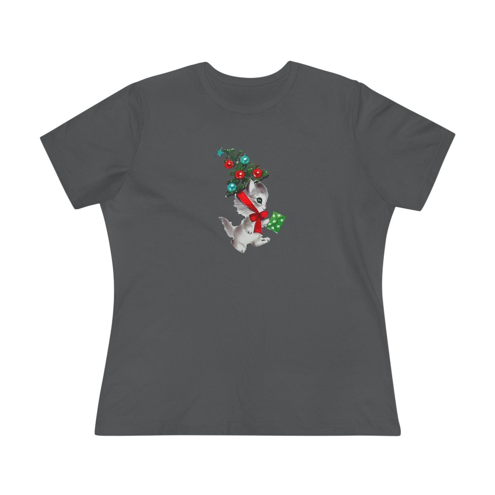 Kittie with Christmas Tree Hat and Card - Women's Softstyle Tee - Whippie's