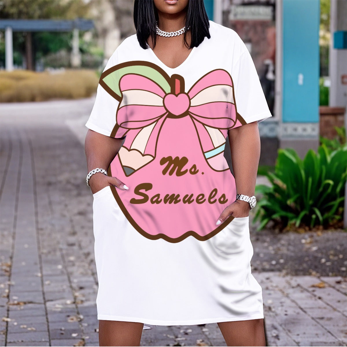 Teacher Love & Apple Print V-Neck Dress | Plus Size - FREE Shipping!
