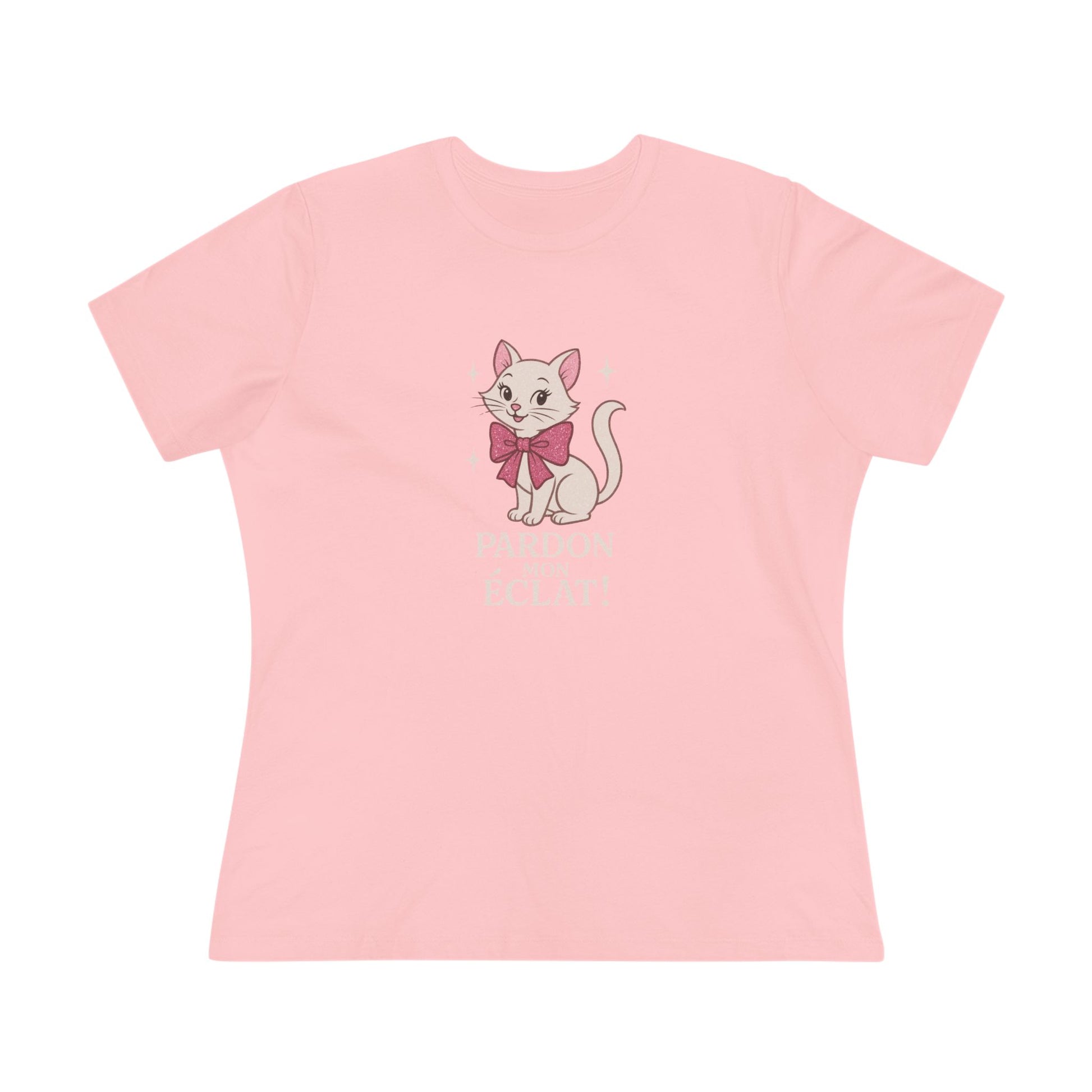 Pardon Mon Éclat White Sparkly Cat with Pink Bow Women's Tee - Whippie's