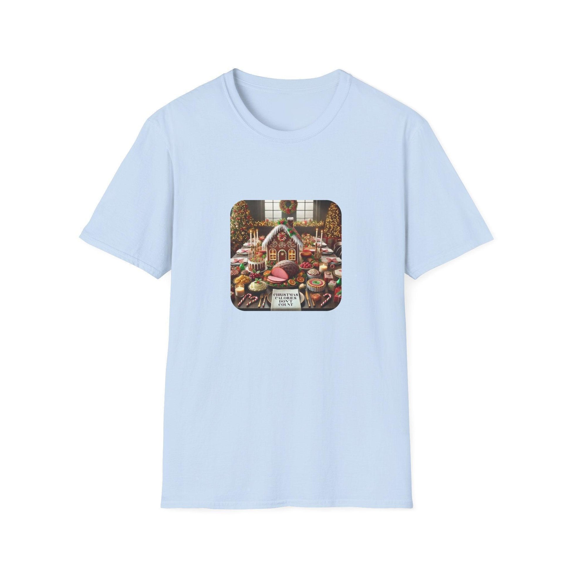 Christmas Calories Don’t Count 🎄 – Fun Festive Design with Gingerbread House & Holiday Feast - Unisex Softstyle Tee - Whippie's