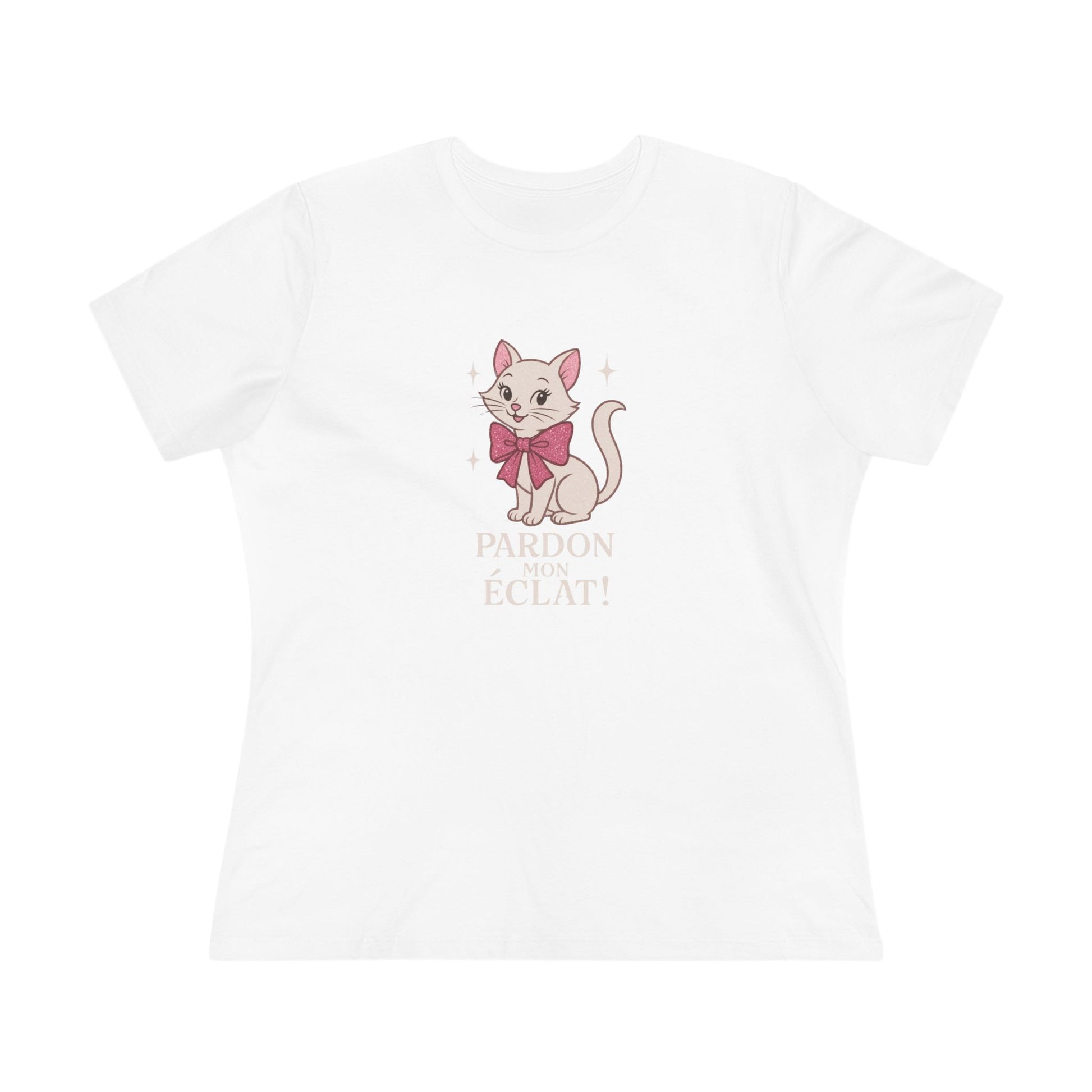 Pardon Mon Éclat White Sparkly Cat with Pink Bow Women's Tee - Whippie's