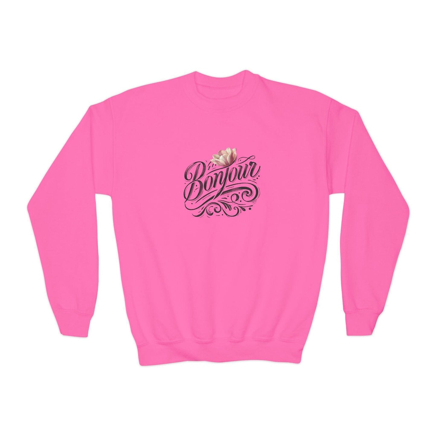 Bonjour! Youth Crewneck Sweatshirt 🌸✨ Kids Cozy Sweater 💖 - Whippie's
