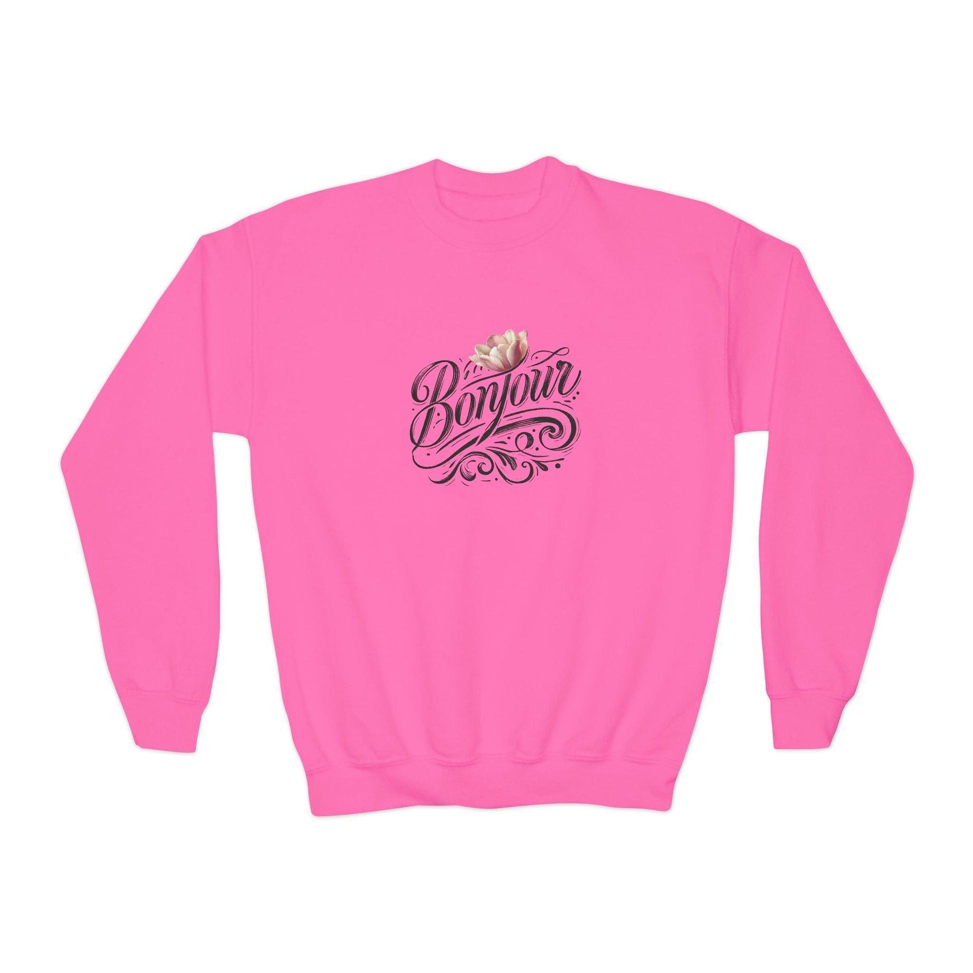 Bonjour! Youth Crewneck Sweatshirt 🌸✨ Kids Cozy Sweater 💖 - Whippie's