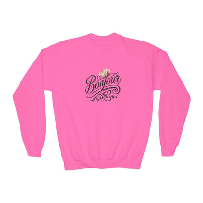 Bonjour! Youth Crewneck Sweatshirt 🌸✨ Kids Cozy Sweater 💖 - Whippie's