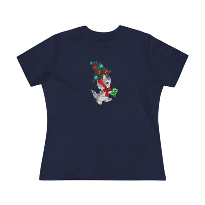 Kittie with Christmas Tree Hat and Card - Women's Softstyle Tee - Whippie's