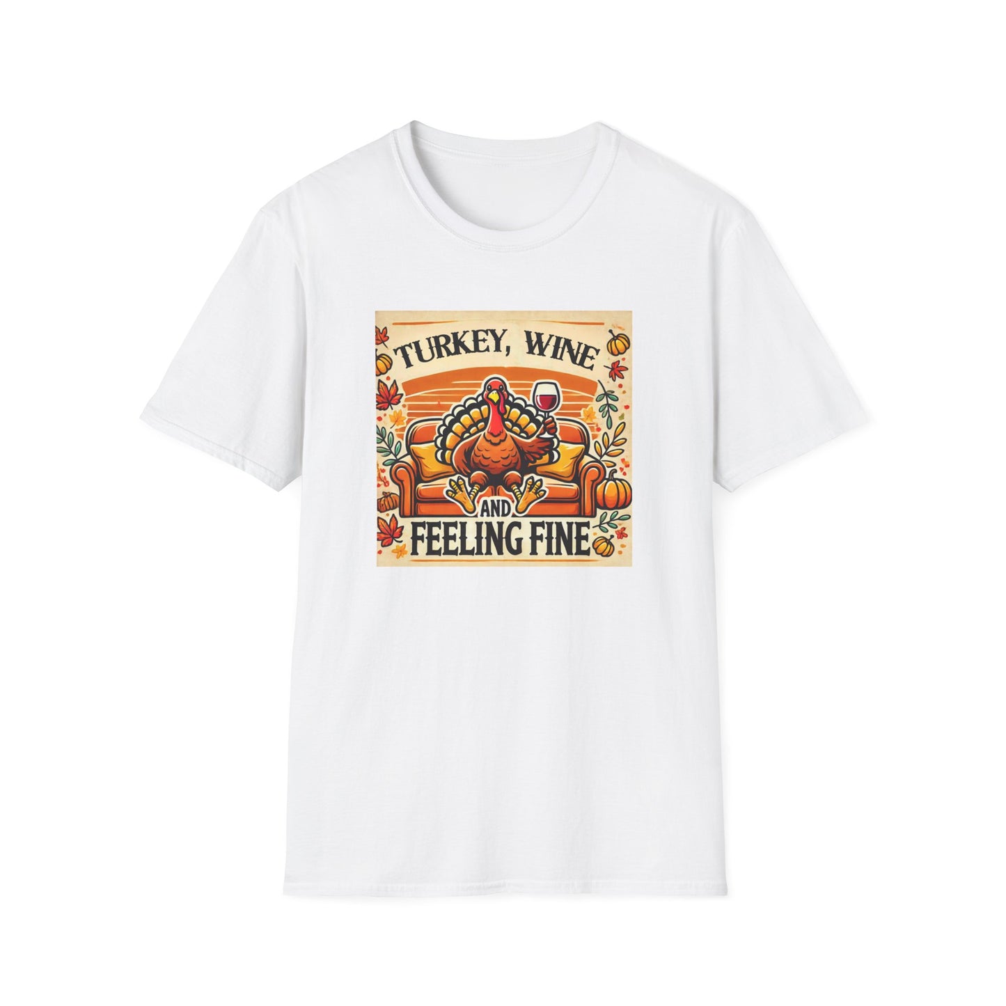 White t-shirt with a graphic of a turkey, wine glasses, and pumpkins on a white background