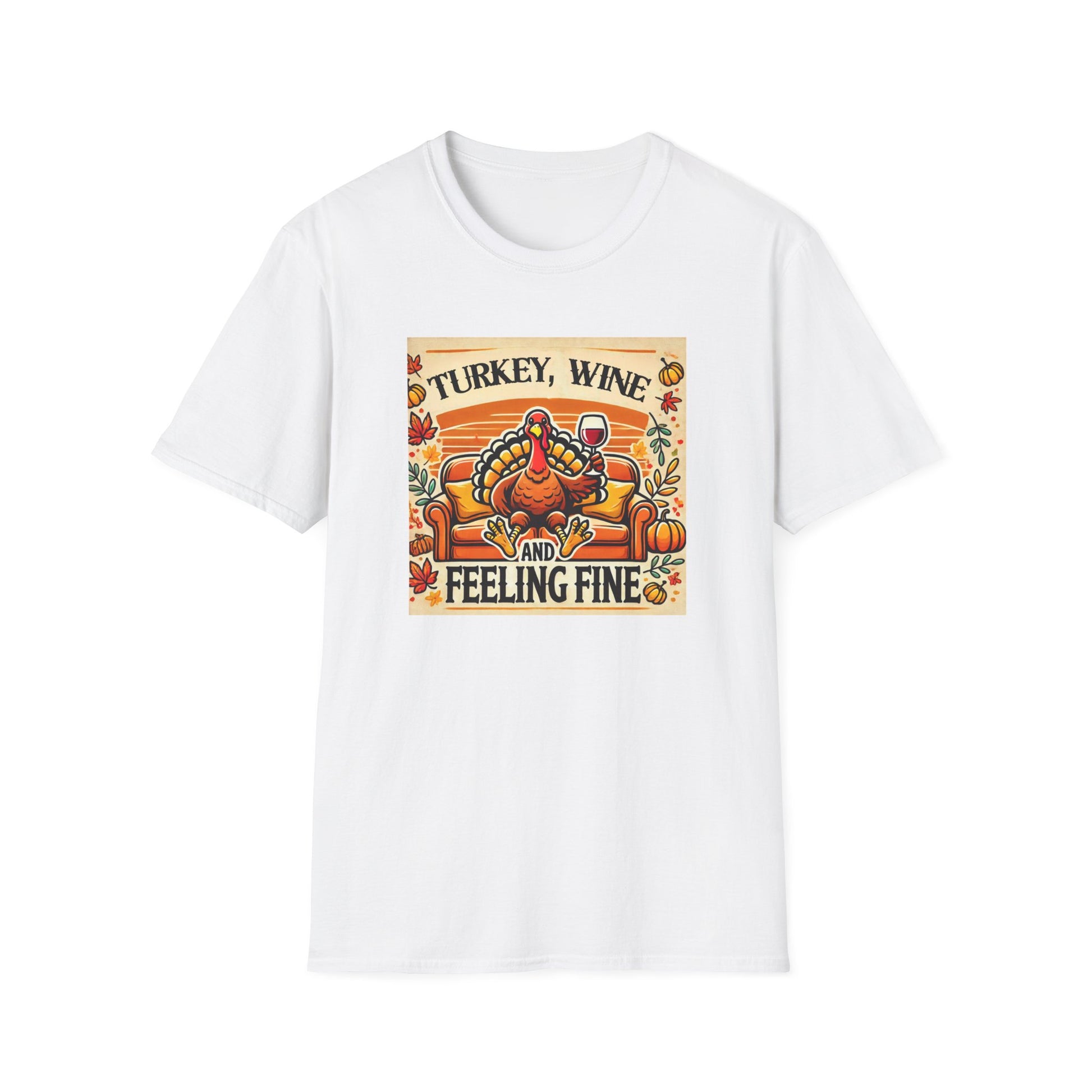 White t-shirt with a graphic of a turkey, wine glasses, and pumpkins on a white background