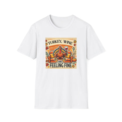 White t-shirt with a graphic of a turkey, wine glasses, and pumpkins on a white background