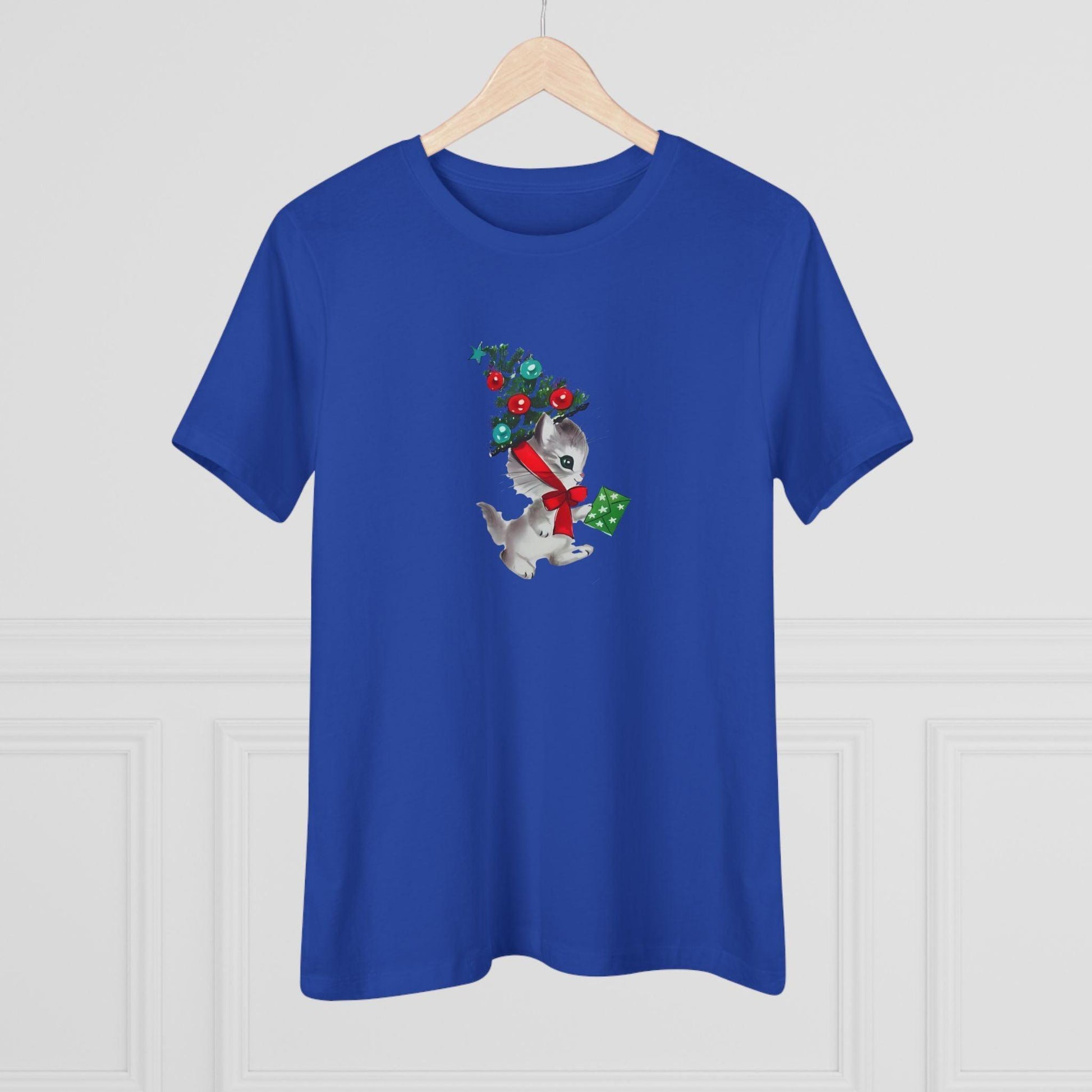 Kittie with Christmas Tree Hat and Card - Women's Softstyle Tee - Whippie's