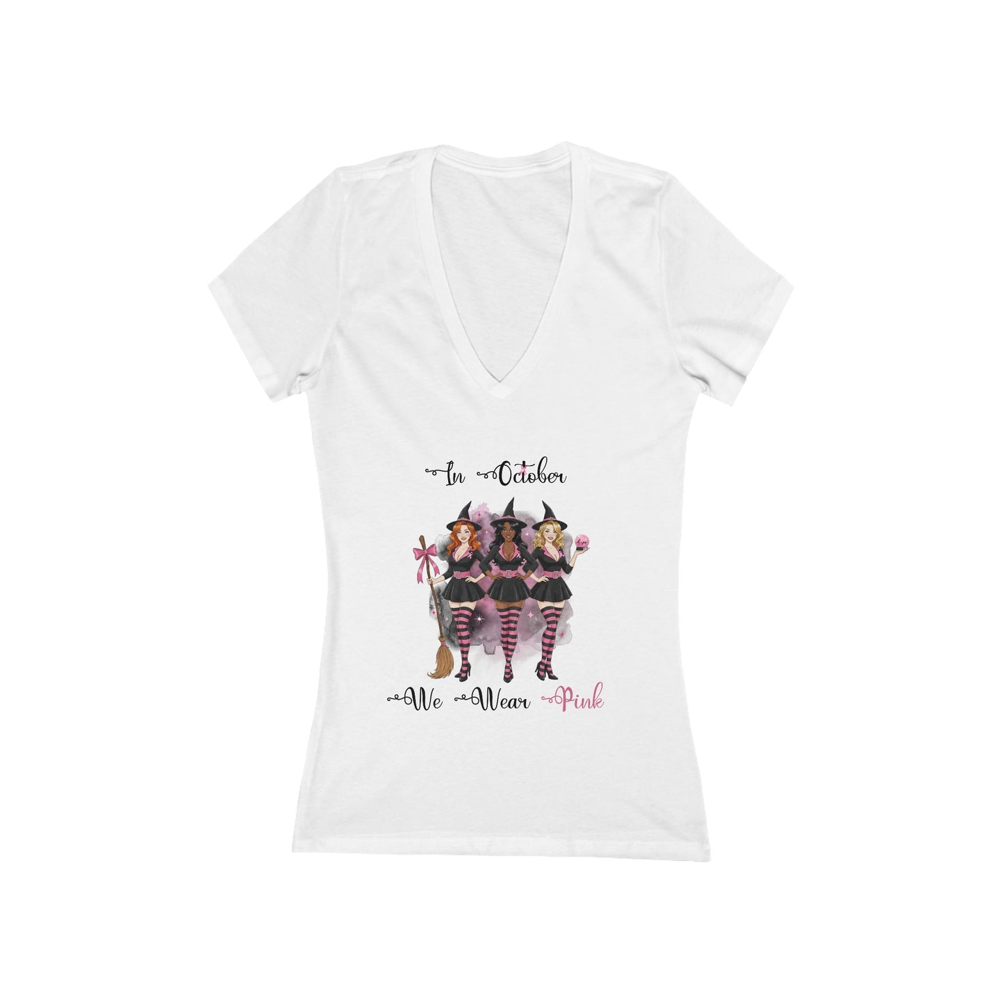 In October We Wear Pink Witches - Breast Cancer Awareness - Deep V-Neck Tee