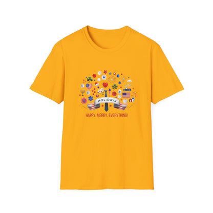 Merry Happy Everything 🎉 Unisex T-Shirt - Red, White & Blue Holiday Cheer! - Whippie's